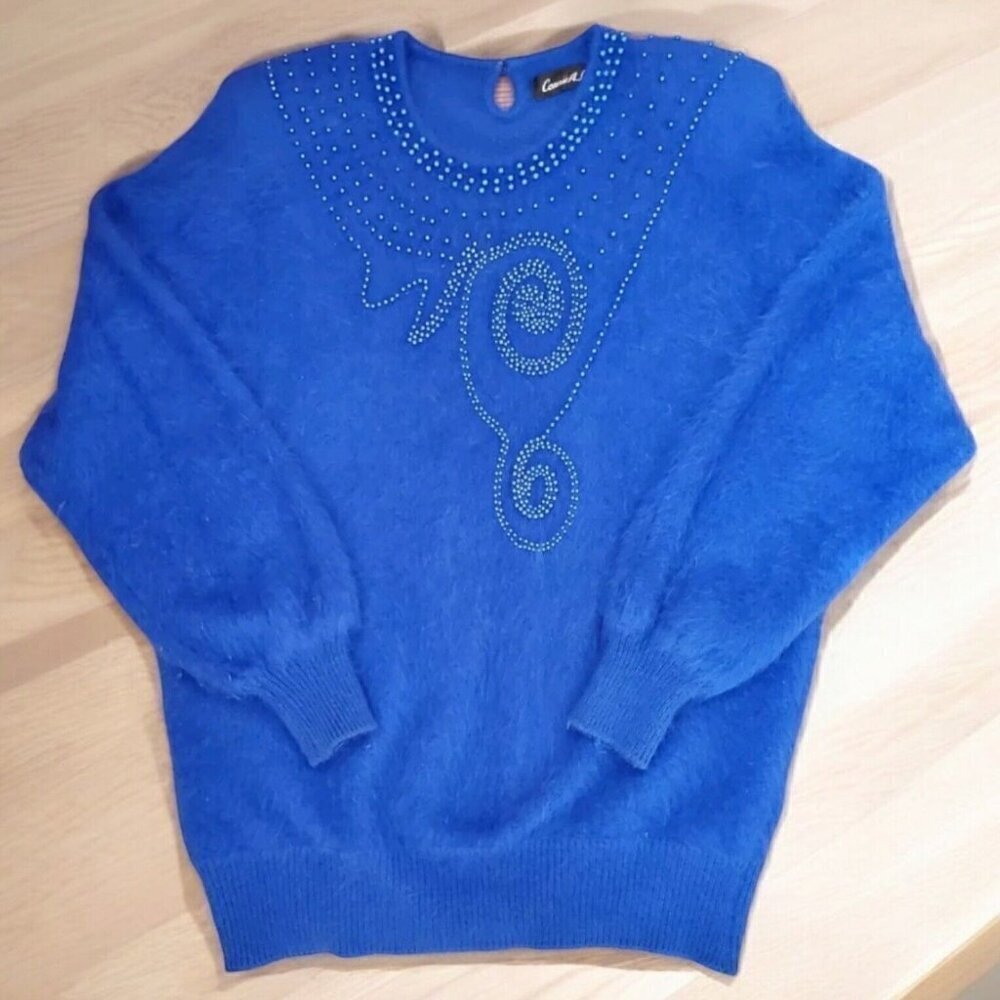 Vtg Connie A Lee Sweater Size M/L? 80% Angora Royal Blue Dolman‎ Sleeve Beaded